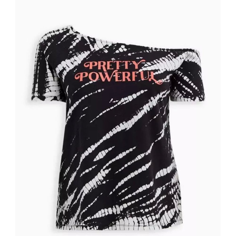 Torrid Size 2 Off The Shoulder Tee “Pretty Powerful” Graphic Bleach Wash Black